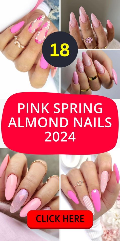 Get ready to dazzle with Pink Spring Almond Nails 2024. These nails are a perfect example of how 2024 trends are shaping the world of nail art. With a focus on short, almond-shaped designs, these acrylic nails are both cute and classy. The use of 2024 gel ensures longevity and a flawless finish, making them ideal for anyone looking to make a statement this spring break or any event throughout the year. April Nails Almond Shape, Almond Shaped Pink Nails Designs, Almond Nail Art Designs Classy, Pretty Nails Almond Shape, Almond Nails Spring 2024, Spring Almond Nails 2024, Spring Nails 2024 Trends Pink, Almond Shaped Nails Designs Pink, Nail Trends Spring 2024