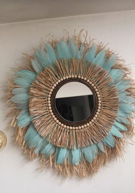 Raffia Wall Decor, Decor With Wooden Beads, Raffia Wreath, Feather Mirror, Raffia Mirror, Eco Friendly Interior, Boho Mirror, Mirror Handmade, Wall Art Diy Paint