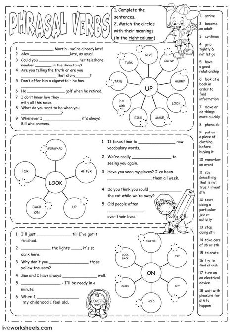 Phrasal Verbs Phrasal Verbs Worksheet, English Conversation Worksheets, Kumon Worksheets, Verbs Worksheet, Free English Lessons, Learn English For Free, English Grammar Exercises, Phrasal Verb, Sequencing Worksheets