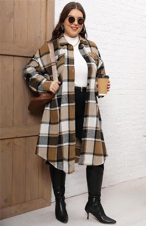 Curvy Mom Outfits, Chubby Outfit Ideas, Boyfriend Coat, Flannel Shacket, Plus Size Winter Outfits, Tartan Shirt, Plaid Shacket, Oversized Flannel, Womens Fashion Inspiration