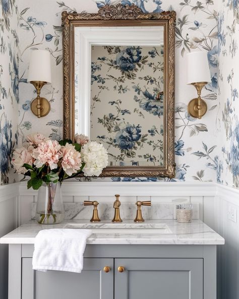 I love diving into these AI renders to see how the details make all the difference! Subtle variations in wallpaper patterns and vanity colors show how mixing finishes can create unique looks. What’s your favorite part? The mirrors, the wallpaper, or the overall design style? Follow for more interior design inspiration and home decor ideas! AI DESIGN:  @moderndesignhomes_interiors Which is your favorite design? Wallpaper Washroom, Powder Room Classic, Floral Powder Room, Chic Bathroom Design, Cottage Style Bathrooms, Vanity Colors, Chic Bathroom, Chic Bathrooms, Wallpaper Patterns