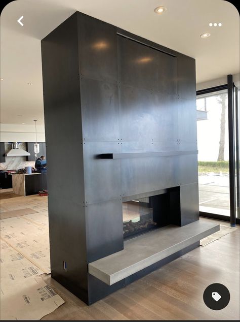 Double Fireplace, Fireplace Modern Design, Boulder House, Fireplace Accent Walls, Contemporary Fireplace Designs, Steel Fireplace, Hot Rolled Steel, Hawaii House, Metal Fireplace