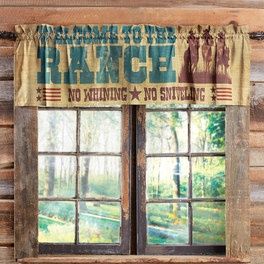 Cowboy Lifestyle Valance Western Valance, Western Boho Living Room, Burlap Window Treatments, Western Curtains, Log Home Kitchen, Cowboy Lifestyle, Valances For Living Room, Western Farmhouse, Ranches Living