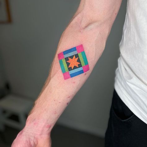 Flash day was so much fun!! Everyone was amazing and the highlight of the day was Grace making me this mini quilt from the square I drew 😭 … | Instagram Patchwork Quilt Tattoo, Quilt Block Tattoo, Quilt Square Tattoo, Quilt Tattoo Ideas, Quilt Tattoo, Square Tattoo, Highlight Of The Day, Embroidery Stitching, Quilt Square