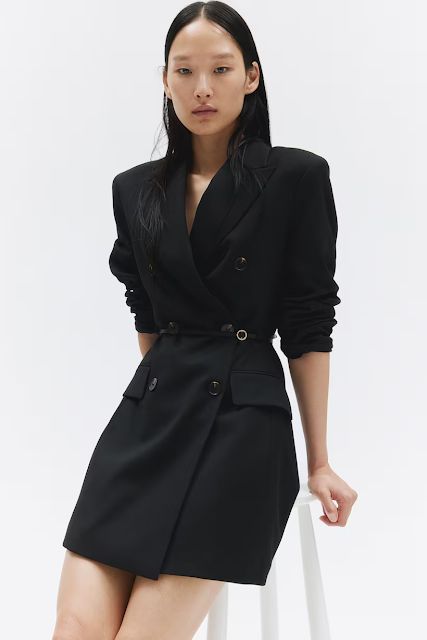 MARIA'S STYLE PLANET: BLAZER DRESS Short Sleeve Blazer Dress, Black Dress Jacket, Kids Activewear, Long Black Coat, Dress H&m, Blazer Outfit, Belted Blazer, H&m Jackets, Belted Jacket