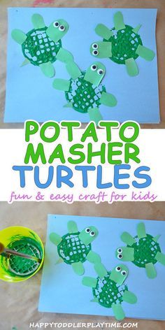 Potato Masher Turtle Craft – HAPPY TODDLER PLAYTIME Pond Projects For Preschool, Sea Turtle Art Preschool, Blowfish Craft, Sea Crafts For Toddlers, Pond Crafts, Turtle Craft, Under The Sea Crafts, Ocean Theme Preschool, Turtle Crafts