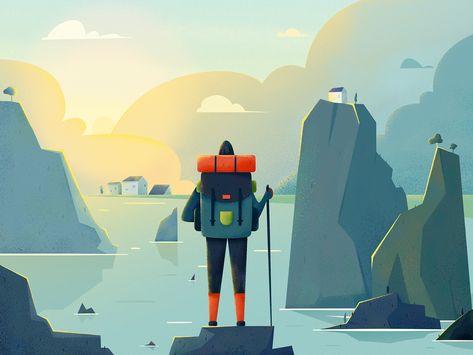 Explorer by Uran | Dribbble | Dribbble Hiker Illustration, Exploring Illustration, Explorer Illustration, Exploration Illustration, Explore Illustration, Travel Illustration, Landscape Illustration, Wireframe, Flat Illustration