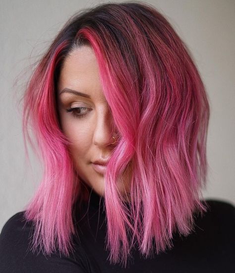 Pink Lob with Dark Roots Pink Hair Natural, Cool Pink Hair, Cotton Candy Pink Hair, Pink Hair Streaks, Pink And Orange Hair, Dark Pink Hair, Rose Pink Hair, Bright Pink Hair, Pink Hair Color Ideas