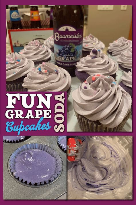 My son loves Baumeister grape soda.  So I decided to surprise him with these subtle grape flavored creations.  Life is too short for just vanilla cupcakes.  Spice it up with some creative fun and Grape Soda Cupcakes!  party desserts, cupcake creations FOLLOW LINK FOR DIRECTIONS Grape Soda Cupcakes, Soda Cupcakes, Grape Flavor, Purple Cupcakes, Soda Recipe, Grape Soda, Spice It Up, Vanilla Cupcakes, Life Is Too Short