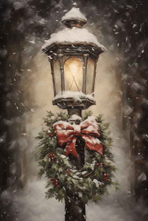 In this painting, we are presented with a close-up of an ornate lamp post embraced by a festive wreath, set against a backdrop of falling snow. The lamp casts a warm, inviting light, which seems to sparkle amidst the snowy ambiance, providing a striking contrast to the surrounding chill. North Pole Concept Art, Snowy Lamp Post, Winter Scenes To Paint, Lantern Pictures, Christmas Art Vintage, Ornate Lamp, Lamp Painting, Wreath Painting, Xmas Wall Art