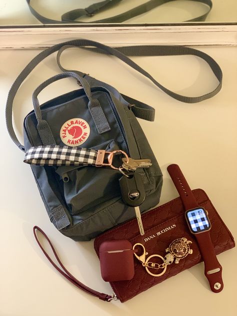 Graphite Fjallraven Kanken Sling #fjallravenkanken Maroon Wallet #wallet Maroon Airpod Case #airpods Maroon Apple Watch Band #applewatch Black Gingham Keychain #keychain Black Gingham Wallpaper or Watch Face Fjallraven Kanken Sling Aesthetic, Fjallraven Kanken Mini Aesthetic, Mini Kanken Backpack Outfit, Sling Bag Outfit Aesthetic, Kanken Sling Bag Aesthetic, Kanken Mini Sling Bag, Kanken Sling Bag Outfit, Black Gingham Wallpaper, Fjallraven Sling