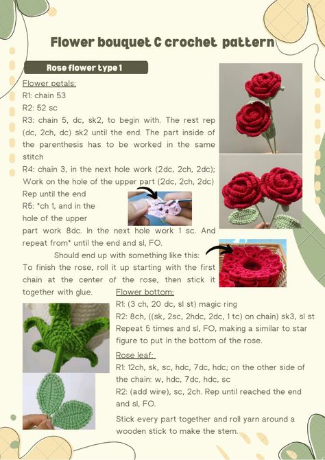 Crochet Roses Free Pattern Written, Crochet Rose Flower Bouquet, Crochet Roses Free Pattern Diagram, Crochet Rose Leaf Free Pattern, Rose Pattern Crochet, Flower Crochet Patterns Free, How To Crochet Rose, Crochet Flower Tutorial Step By Step, Crochet Rose Bouquet Free Pattern