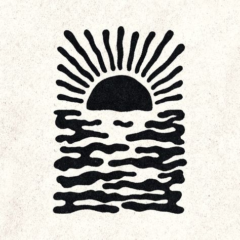 Black And White Sunset Drawing, Ocean Simple Tattoo, Sun Designs Drawing, Simple Drawings Black And White, Sunset Design Graphic, Lino Print Illustration, Sun Lino Print, Sunset Illustration Art, Graphic Designer Tattoo