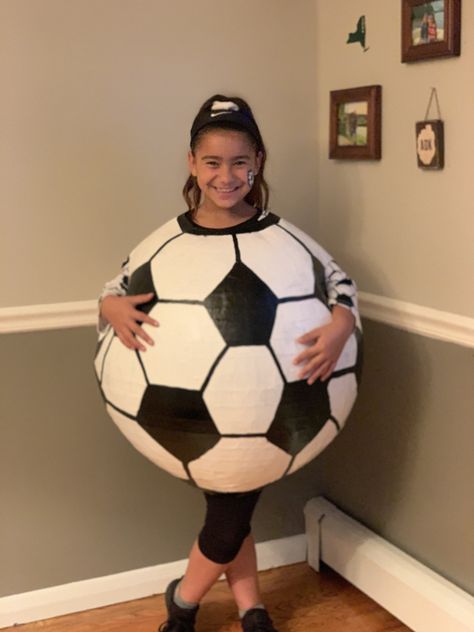 Paper Mache Soccer Ball Costume Soccer Costume Halloween, Soccer Halloween Costumes, Soccer Ball Costume, Ball Costume Diy, Soccer Player Halloween Costume, Soccer Costume, Basketball Costume, Football Player Costume, Referee Costume