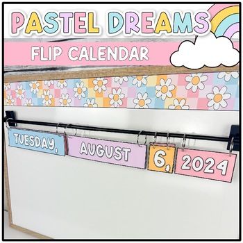 Never write the date again with this pastel  flip calendar! This flip date has a dreamy, calming design and is text-editable! The printable cards have a checkered and solid color design. Simply print, laminate, cut and hang on your whiteboard with a magnetic shower rod and binder clips. This set has a funky font and a primary font. What's Included:Days of the week (2 designs - full names such as Monday, Tuesday, etc and short version Mon. Tues. etc)Months of the Year (2 designs)Number Days (2 designs)Year (2 designs)Editable version through PowerPoint with the fonts embeddedProducts:magnetic curtain rodbinder clips(affiliate links)If you have any questions, click on the "Q and A" tab or email me at learningwithkiki@gmail.com. If you hang this in your classroom, I would LOVE to see it! Tag Classroom Date Display Flip Diy, Magnetic Rods In Classroom, Date Flip Cards Classroom, Pencil Flip Calendar, Classroom Date Display Flip, Classroom Whiteboard Organization, Flip Calendar Classroom, Flip Calendar Classroom Free, Pastel Calendar