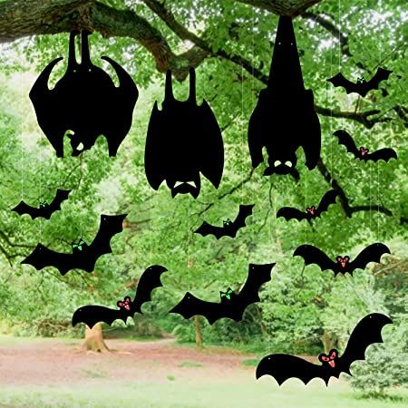 Halloween Entry Table, Hanging Bats, Halloween Tree Decorations, Porch Party, Halloween Yard Signs, Outdoor Nativity Scene, Halloween Lawn, Bat Decorations, Porch Parties