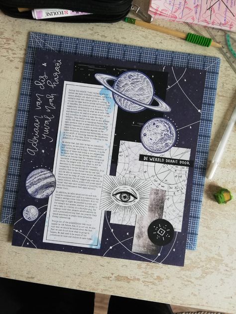 Solar System Scrapbook Ideas, Galaxy Scrapbook Ideas, Space Themed Scrapbook, Space Scrapbook Ideas, Space Theme Journal, Astrology Scrapbook, Science Scrapbook Ideas, Dark Blue Scrapbook, Journal Belt