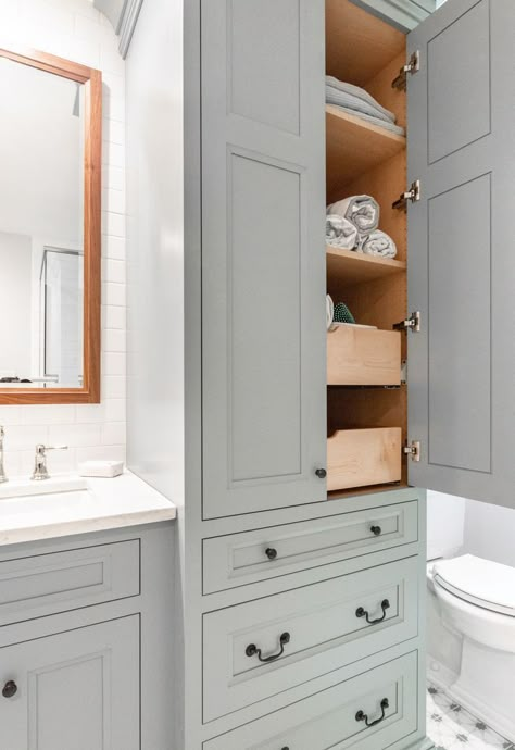 Bathroom Vanity And Linen Closet Combo, Single Vanity With Linen Cabinet, Bathroom Tower Cabinet Ideas, Bathroom Vanities With Storage Towers, Built In Bathroom Cabinet, Built In Linen Closet Bathroom, Double Vanity With Linen Cabinet, Linen Closet In Bathroom, Linen Cabinet In Bathroom