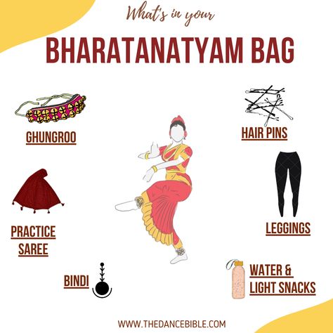 #Whatsinyourbag ? 😊⁠ ⁠ Our top 6 essentials to carry in your #Bharatanatyam bag 💃🏽⁠ ⁠ What are yours? Drop a comment and tag your friends!⁠ ⁠ #TheDanceBible #dancewear #shopallthingsdance #bharatanatyamdance #bharatanatyamcostume #bharatanatyamdancers #bharatanatyampracticesaree #dancebag #whatsinmybag #dancebags #danceclass #indiandancers #indianclassicaldance #danceindia⁠ ⁠ How To Learn Bharatnatyam, Bharatanatyam Aesthetic, Bharatanatyam Makeup, Dancer Quotes, Bharatanatyam Costume, Bharatanatyam Dancer, Indian Classical Dancer, Dance Forms, Dancing Poses