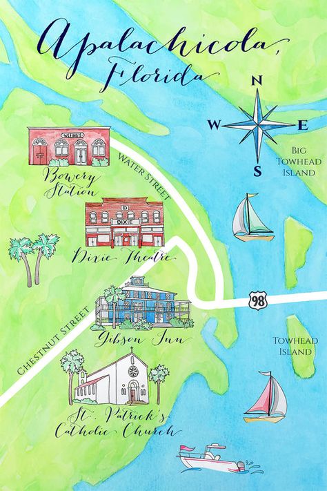 Wedding Map of Apalachicola, Florida Map Of Florida Beaches, Florida Artwork, Apalachicola Florida, Wedding Maps, Wedding Weekend Itinerary, Wedding Throw, Custom Wedding Map, Wedding Artwork, Bay County