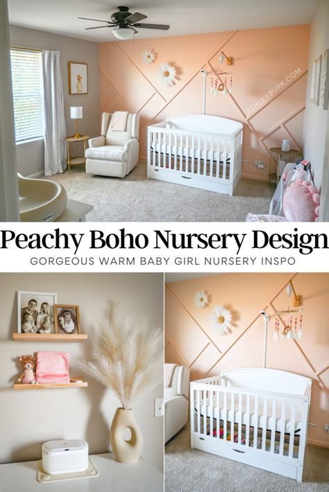 Soft Peach Nursery Peach Playroom, Peach Accent Wall, Girl Nursery Inspiration, Pampas Flower, Girl Nursery Crib, Peach Nursery, Nursery Inspiration Girl, Crib Safety, White Pampas