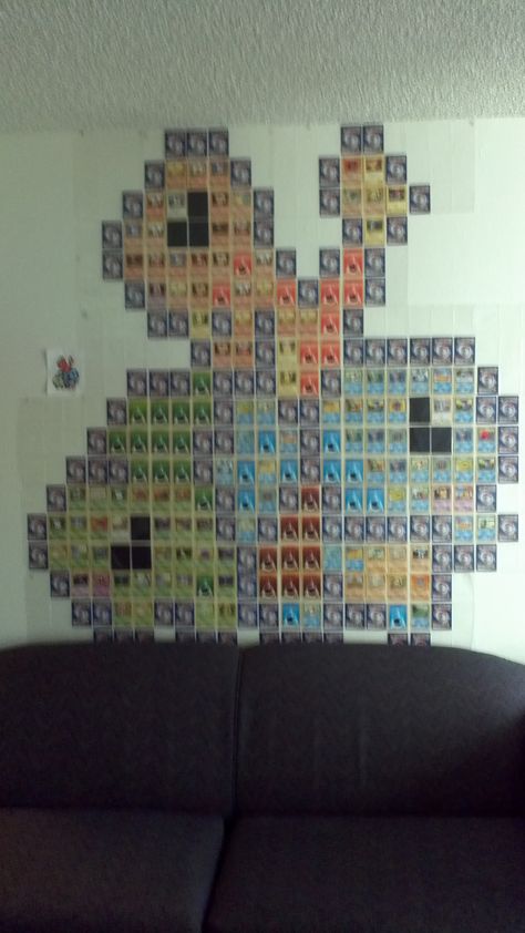 My masterpiece: The Pokemural! 6'x6', all real Pokemon cards except for the black eye cards Pokemon Card Decorations, Pokemon Card Decor, Things To Do With Pokemon Cards, Pokemon Decor, Gyaru Kawaii, Pokemon Cross Stitch Patterns, Pokemon Room, Nerdy Nummies, Real Pokemon