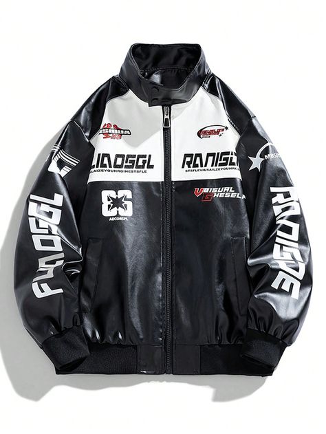 Men's Motorcycle Leather Jacket, Spring & Autumn Windproof Outwear, Printed Stylish Stand Collar Jacket Black and White   Long Sleeve Woven Fabric Colorblock,Letter  Non-Stretch  Men Outdoor Apparel, size features are:Bust: ,Length: ,Sleeve Length: Sports Car Outfit, Men Racing Jacket, Motorcycle Fits Men, Motorcycle Jacket Aesthetic, Casual Tactical Clothing, Cool Leather Jackets, Black Jacket Aesthetic, Vetements Jacket, Leatherman Jacket