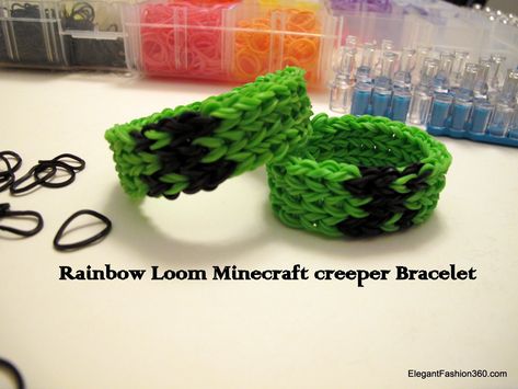 How to make Minecraft Creeper Bracelet on Rainbow Loom step by step DIY tutorial instructions, How to, how to do, diy instructions, crafts, do it yourself, diy website, art project ideas Loom Minecraft, Crazy Loom, Makerspace Ideas, Rainbow Loom Tutorials, Loom Band Bracelets, Rainbow Looms, Rubber Band Crafts, Rainbow Loom Rubber Bands, Rainbow Loom Patterns