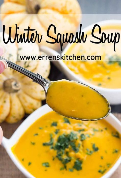 This easy recipe for Winter Squash Soup is the perfect yet healthy comfort food, have as a lunch or dinner this tasty bowl will keep you warm on a winters day! #ErrensKitchen #soup #butternut #winter #souprecipes #easy #lunchtimerecipes #recipeoftheday #winterwarmer #vegetables #healthy #recipe #dinnerideas #dinner Harvest Squash Soup, Winter Squash Recipes Soup, Green Hubbard Squash Recipes, Christmas Day Soup Ideas, Winter Squash Soup Recipe, Harvest Soup Recipes, Hubbard Squash Soup Recipe, Fall Squash Soup, Hubbard Squash Soup