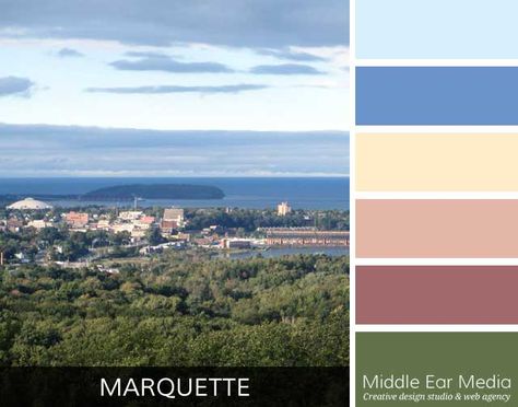 The Marquette Color Palette captures the essence of downtown Marquette, Michigan on a late summer day as seen from the overlook on Mount Marquette. Color Palette Website, Layout Reference, Marquette Michigan, Middle Ear, Creating Artwork, Handmade Inspiration, Latest Colour, Beautiful Color Combinations, Color Tones