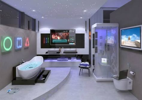 Video Game Room Ideas Playstation Bathroom Futuristic Bathroom, Design Interior Baie, Teen Bathrooms, Girl Bathrooms, Bathroom Gadgets, Video Game Rooms, Bathroom Design Inspiration, Modern Bathrooms, Bathroom Design Luxury