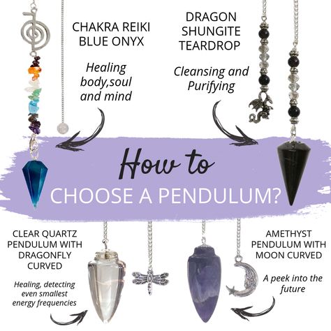 Wondering how to choose a Pendulum? P.S Which Pendulum do you like the best? Our fave is the Reiki Blue Onyx one :)  #pendulums #blueonyx #reikihealing #clearquartz #amethystcrystal #amethystnecklace #crystalhealingjewelry #spiritualtools #pendulumswings #healingcrystals #makeyourownmagic #makingmyownmagic How To Do Pendulum Readings, How To Choose A Pendulum, How To Use A Pendulum, How To Make A Pendulum, Diy Pendulum, Pendulum Work, Witch Guide, Pendulum Witchcraft, Divination Pendulum