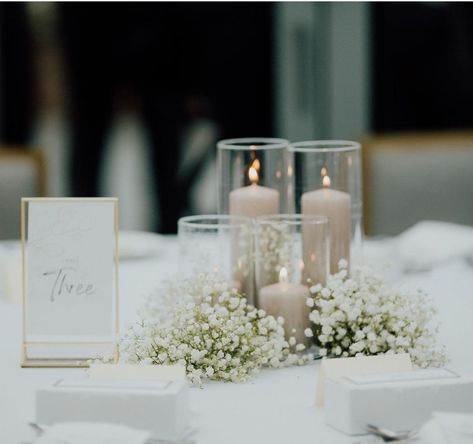 Cream Centerpieces Wedding, Diy Wedding Centerpieces Circle Table, Budding Vases Wedding, Timeless Simple Wedding Decor, Crisp Table Wedding, Baby’s Breath Baby Shower Table Decor, Candle Wedding Centerpieces Round Tables, Silver Wedding Accents, Simple White Flowers Wedding