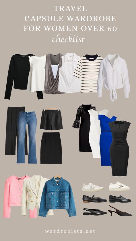 Chic and casual travel wardrobe for women 60 plus. This spring and summer packing list has all the essentials for warm days and hot destinations. A mix of classic tops, lightweight blazers, a denim jacket, and comfortable yet stylish dresses make it easy to transition from day to night. Tailored trousers, jeans, skirts are matched with loafer flats, slingbacks, and Veja sneakers. Great for moms and grandmothers who want to stay stylish while traveling.