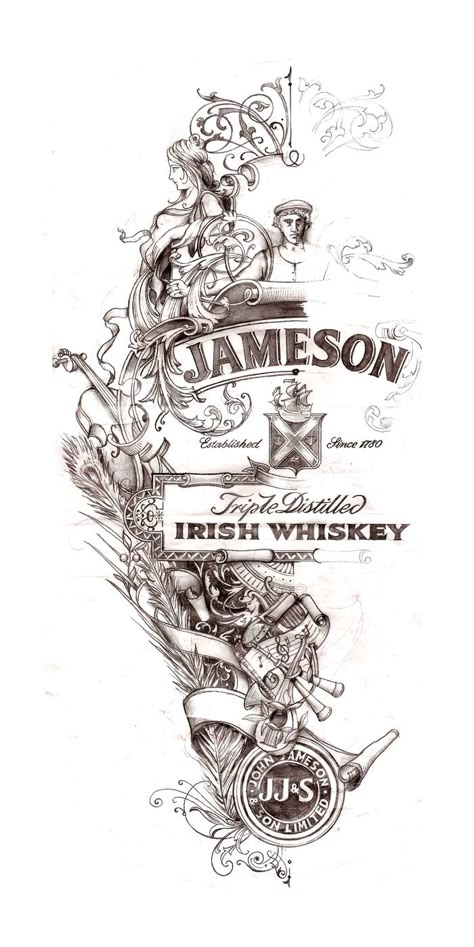 Whiskey Bottle Design, Victorian Lettering, Jameson Whiskey, Whiskey Label, Bottle Drawing, Tattoos Skull, Typography Love, Retro Sign, Vintage Lettering