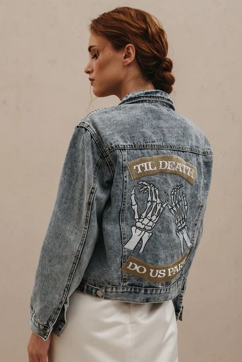 Embroidered Bridal Jackets – SipHipHooray Bridal Party Getting Ready, Bridal Boxes, Denim Embroidery, The Perfect Girl, Pinky Promise, Custom Jacket, Cool Jackets, Colored Denim, Classic Blue