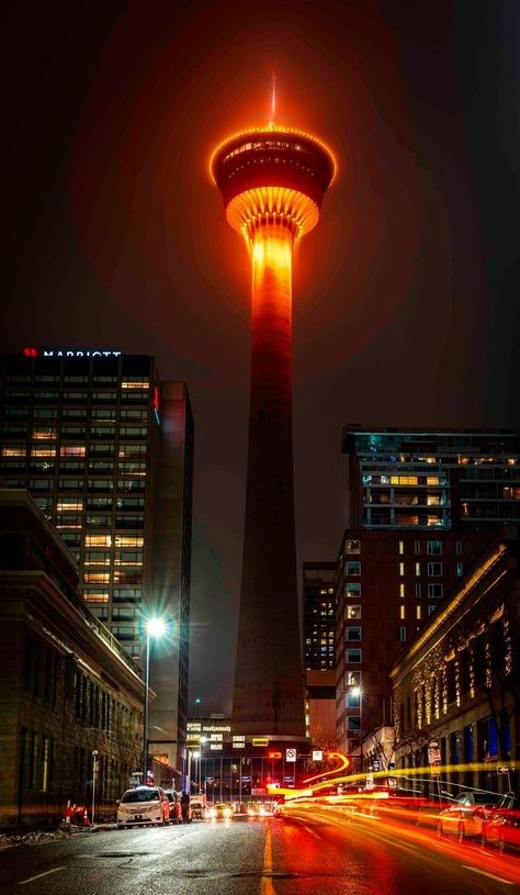 Calgary Tower, Tower Painting, Building Silhouette, Neon Photography, Canada Photography, Building Photography, Glass Building, Calgary Canada, Concrete Building