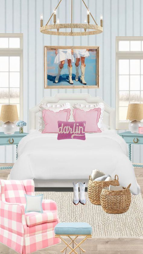 Pink & blue coastal cowgirl bedroom | bedroom inspo Light Pink And Blue Room Aesthetic, Blue And Pink Room Decor, Pink Coastal Cowgirl Bedroom, Pink And Blue Coastal Bedroom, Pink Blue And White Bedroom, Coastal Cowgirl Aesthetic Room Decor, Coastal Cowgirl Dorm, Light Blue And Pink Bedroom, Costal Cowgirl Aesthetic Bedroom