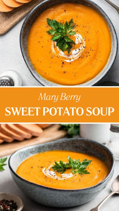 Mary Berry Sweet Potato Soup Potato And Carrot Soup Recipes, Carrot And Potato Recipes, Mary Berry Recipes Dinners, Sweet Potato Recipes Dinner, Sweet Potatoes Soup, Soup Sweet Potato Carrot, Sweet Potato Ideas, Potatoe Carrot Celery Soup, Sweet Potato Ginger Soup