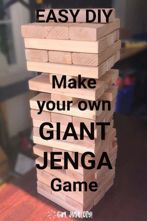 Make this easy DIY Giant Jenga Game using 2x4s. A few woodworking tools and supplies and you're ready for hours of family fun.  Great for backyard BBQ or a family party. Fun family games on a small budget. #girljustdiy Giant Jenga Game, Fine Woodworking Project, Jenga Game, Giant Jenga, Woodworking Shop Plans, Woodworking Shop Layout, Woodworking Storage, Japanese Woodworking, Green Woodworking