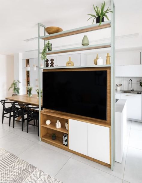 Tv Stand Room Divider, Room Deviders, Room Divider Shelves, Tv In Kitchen, Interior Finishes, Living Room Tv Unit Designs, Living Room Tv Unit, Deco Studio, Living Room Partition