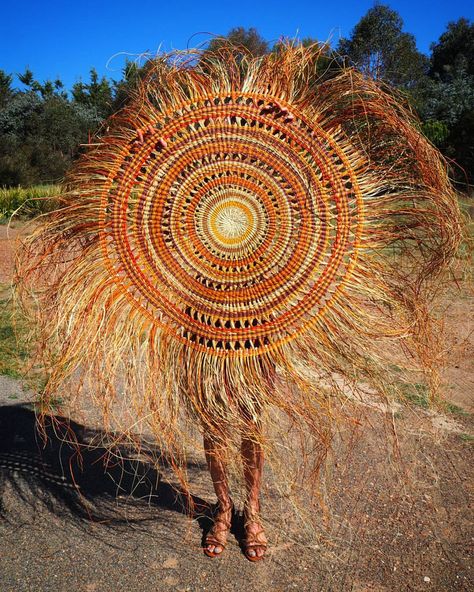 My good sister-friend Sarah (who has aboriginal heritage) and the incredibly special mat she brought home today from our visit to the Djilpin Arts and Tjanpi Desert Weavers Market at IATSIS in Canberra. It's hand-woven natural pandanus dyed with local bush color. So good to reconnect with Noreen, Vera and Fleur some of the women I was weaving with up in the Northern Territory and to see the lights they are making selling so quickly! Happy, happy women's business today. Circular Weaving, Aboriginal Culture, Weaving Designs, Aboriginal Artists, Sister Friends, Best Sister, Northern Territory, Weaving Textiles, My Good