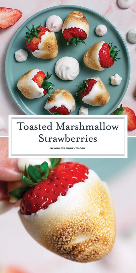 Extra juicy, pillowy sweet and delicious toasted marshmallow strawberries are quick and easy. Tastes just like roasted over a campfire! Campfire Strawberry Marshmallows, Camping Meals Desserts, Strawberries And Marshmallows, Strawberry Marshmallow Fluff Campfire, Easy Bonfire Snacks, Quick Hosting Snacks, Camping Treats For Kids, Campfire Treats For Kids, Easy Campfire Snacks