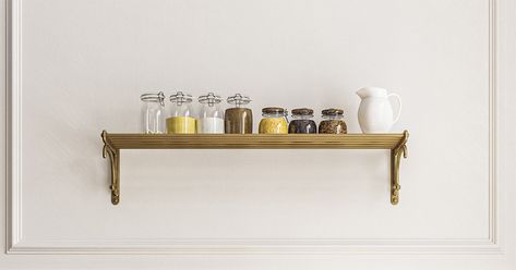 BRASS SHELF WITH 6 RODS Officine Gullo, Brass Shelf, Brass Shelves, Cooking Range, Kitchen Details, Simple Kitchen, Metal Panels, Bath Caddy, Kitchen Style