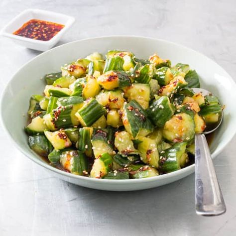 For a refreshing new take on cucumber salad, put down your knife and pick up a skillet. Smashed Cucumbers, Sesame Dressing Recipe, Spicy Cucumber Salad, America's Test Kitchen Recipes, Cucumber Recipes, America's Test Kitchen, Cooks Illustrated, Americas Test Kitchen, Cucumber Salad