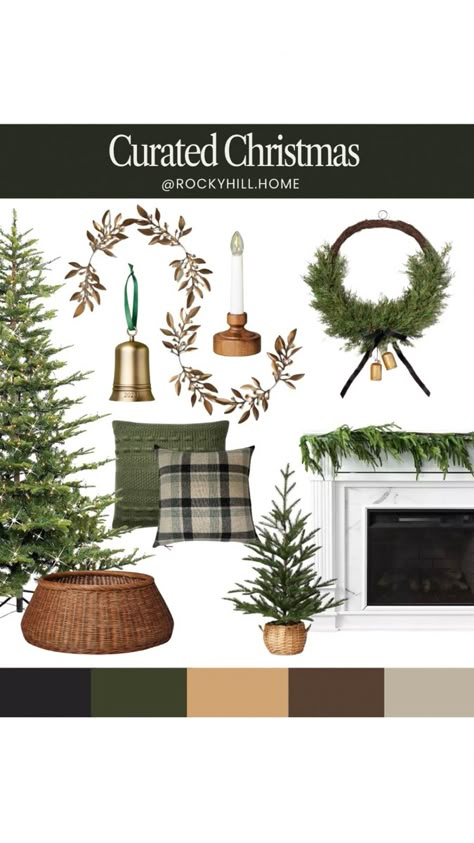 Curated Christmas Decorations in a green, black and gold palette, studio McGee Christmas decorations, tree collar, modern wreath, gold garland, 2023 ornament, plaid pillow, window candle light Follow my shop @RockyHill.Home on the @shop.LTK app to shop this post and get my exclusive app-only content! #liketkit #LTKhome #LTKHoliday #LTKfamily @shop.ltk https://liketk.it/4lmFX Black White Brown Green Christmas Tree, Green And Natural Christmas Tree, Dark Green And Black Christmas Decor, Black Tan Green Christmas Tree, Black Gold And Green Christmas Decor, Black And Neutral Christmas Decor, Black White Green Gold Christmas Decor, Green Gold Black Christmas, Black Tan And Green Christmas