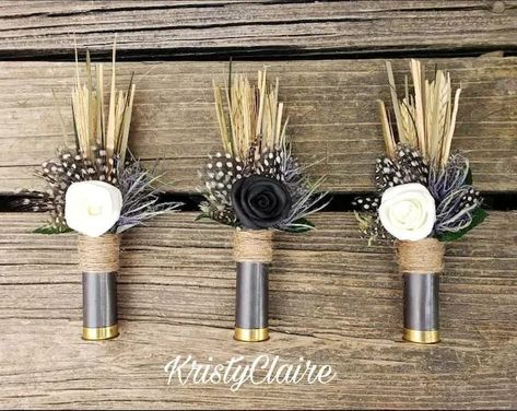 Fishing Themed Boutonniere, Boutinere Ideas Groomsmen Rustic, Classy Hunting Wedding, Wheat Grass Wedding Decor, Unique Boutonniere Creative, Boho Hunting Wedding, Shotgun Shell Boutineer, Boutannaires Wedding, Cute Country Wedding Ideas