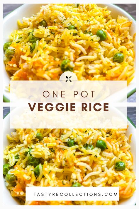 yellow rice  with peas and carrots in a bowl One Pan Rice And Vegetables, One Pot Rice Meals, Veggie Rice, Free Dive, Vegetable Rice, Saute Onions, Rice Recipe, Decadent Desserts, Rice Recipes