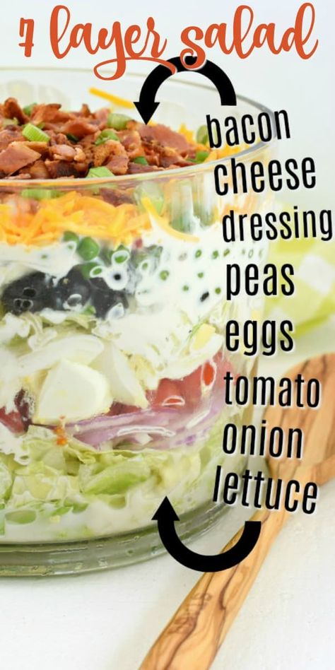 A classic, easy 7 layer Salad recipe served in a trifle bowl. So many options for the seven layers, you choose what you love. Perfect for potlucks! Easy 7 Layer Salad, 7 Layer Salad Recipe, 7 Layer Salad, Layer Salad, Seven Layer Salad, Layered Salad Recipes, Recipe Salad, Trifle Bowl, Layered Salad