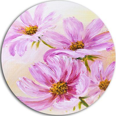 Cosmos Flowers Painting, Pink Cosmos Flowers, Pink Cosmos, Simple Oil Painting, Modern Metal Wall Art, Contemporary Metal Wall Art, Metal Artwork Wall, Cosmos Flowers, Circle Wall Art